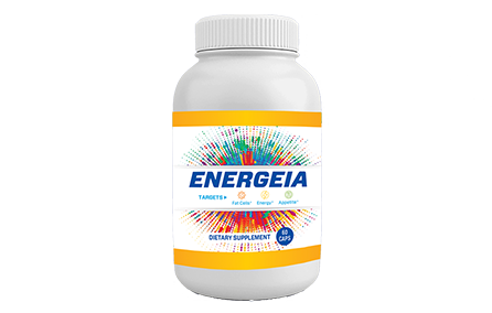 A bottle of Energeia dietary supplement with a white bottle and a colorful label